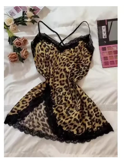 Leopard Silk Satin Nightgown with Lace Decoration