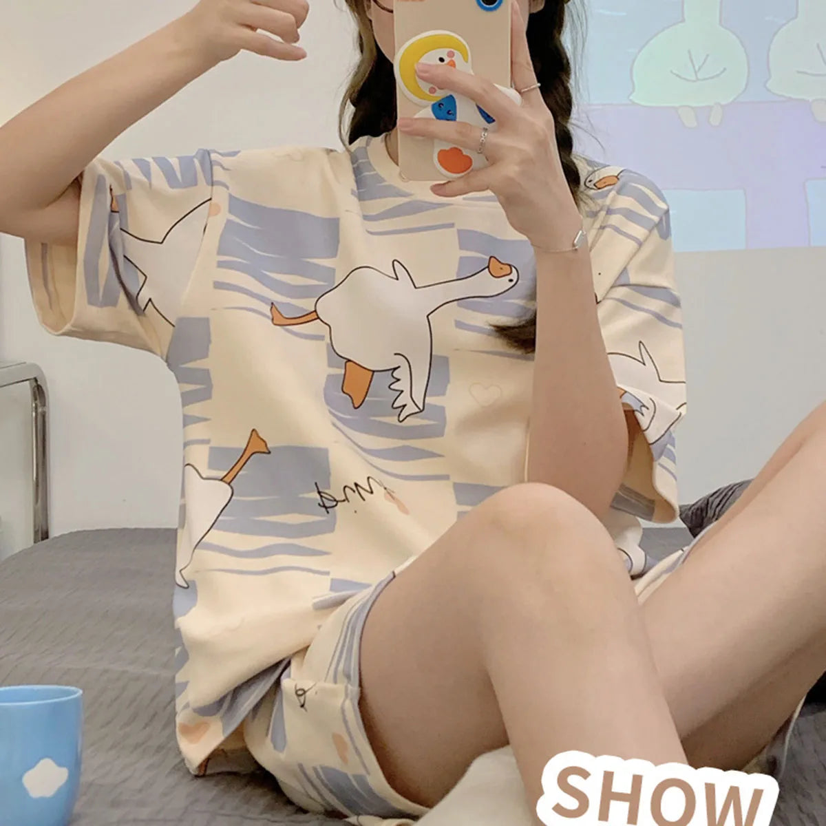 Women's Cartoon Bear Pajamas Set Summer Casual Sleepwear