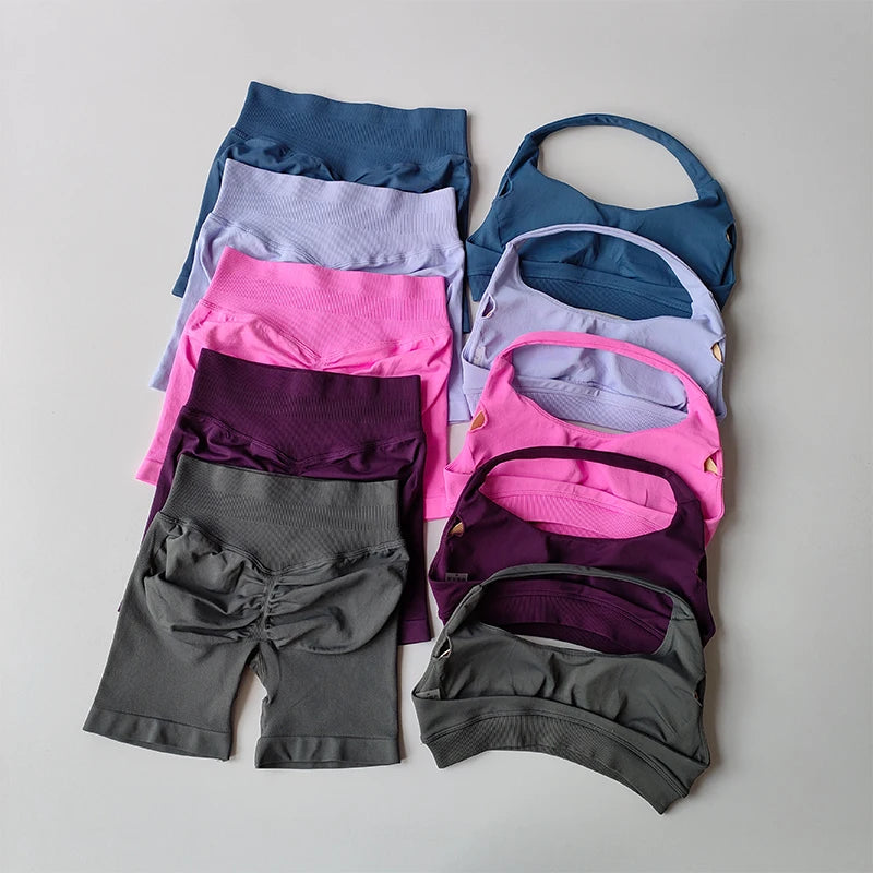 Peach High Waist Seamless Sports Bra and Shorts Set