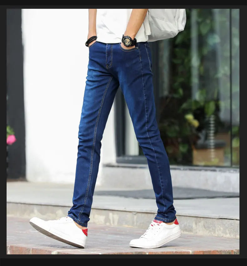 Mens Slim Fit Denim Pencil Pants Black White Stretch Jeans