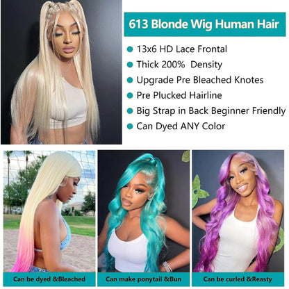 HD Transparent Full Lace Frontal Wig 613 Blonde Straight 46 Inches