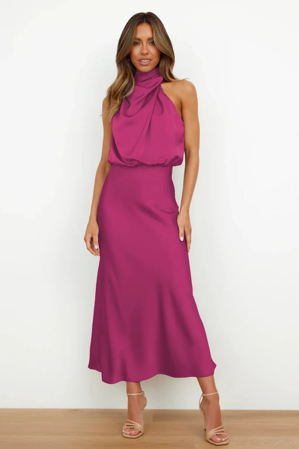 Elegant Silk Satin Sleeveless Long Dress for Women