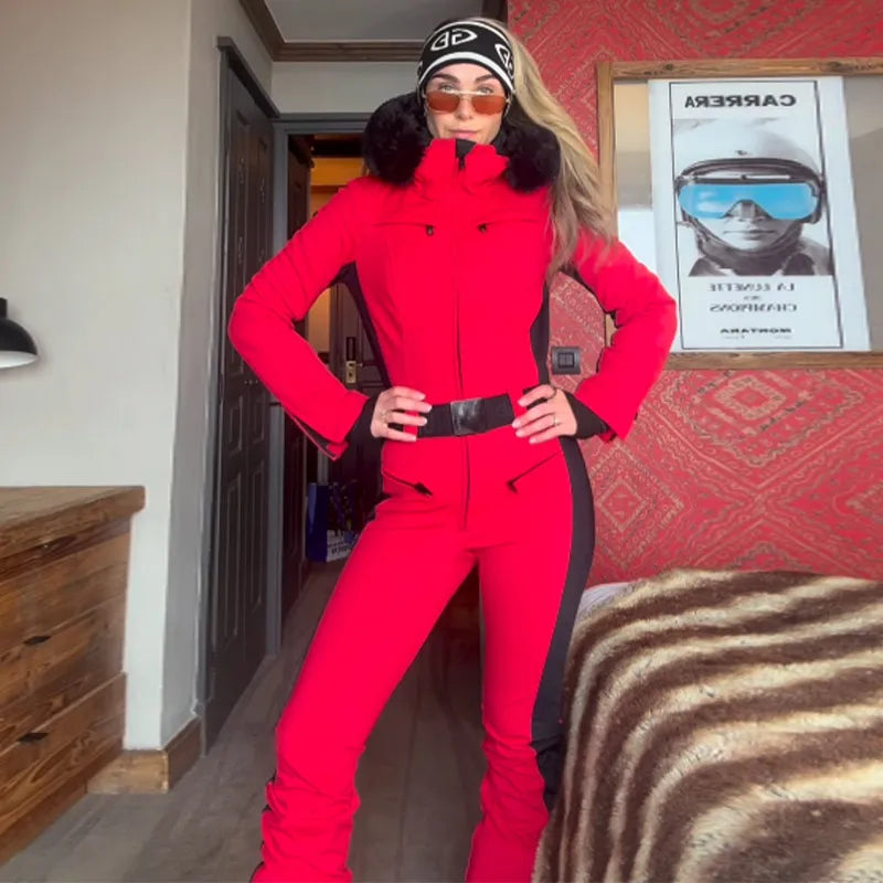 Casual Fur-Trimmed Hooded Ski Suit Women Warm Jumpsuit