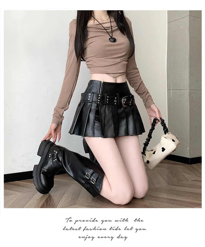 Black Pleated Leather A-line Skirt for Women