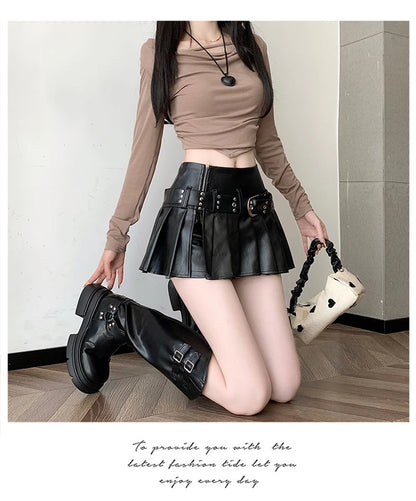 Black Pleated Leather A-line Skirt for Women