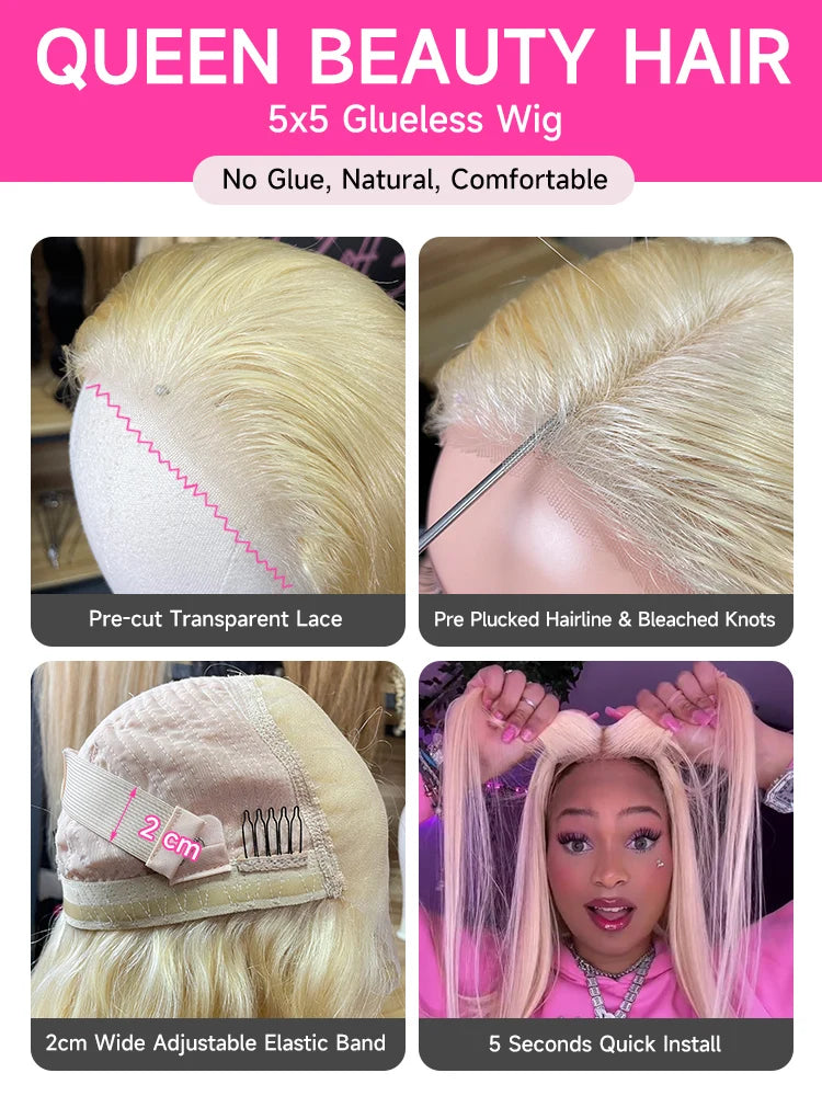 613 Glueless Human Hair Lace Closure Wig Blonde Straight