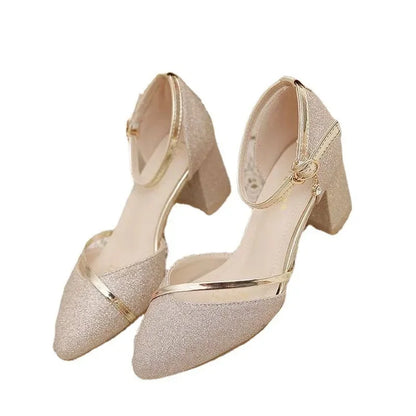 Black High-Heeled Shoes for Women - Silver and Gold