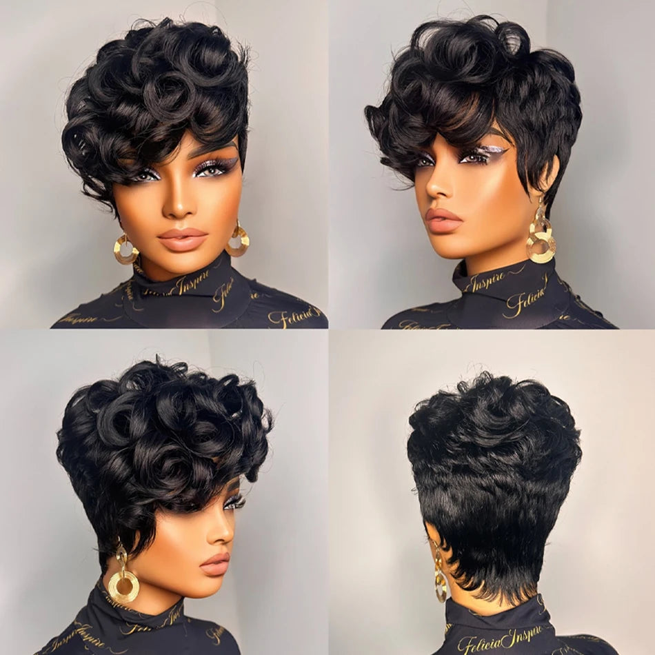 1B Pixie Cut Human Hair Wig Loose Curly Bangs 6 Inch