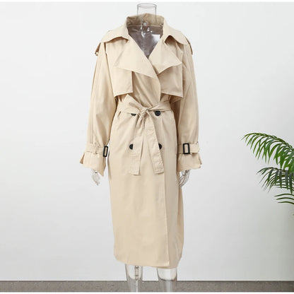 Khaki Long Color-block Stripe Trench Coat for Women