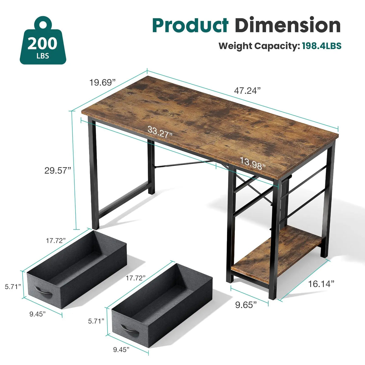 JHK 47 Inch Wood Computer Desk with 2 Drawers