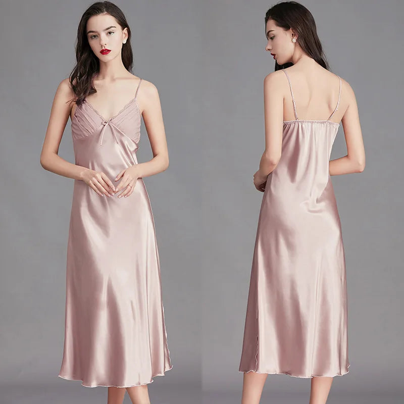 Long Sleeveless Satin Silk Nightgown for Women