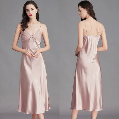 Long Sleeveless Satin Silk Nightgown for Women