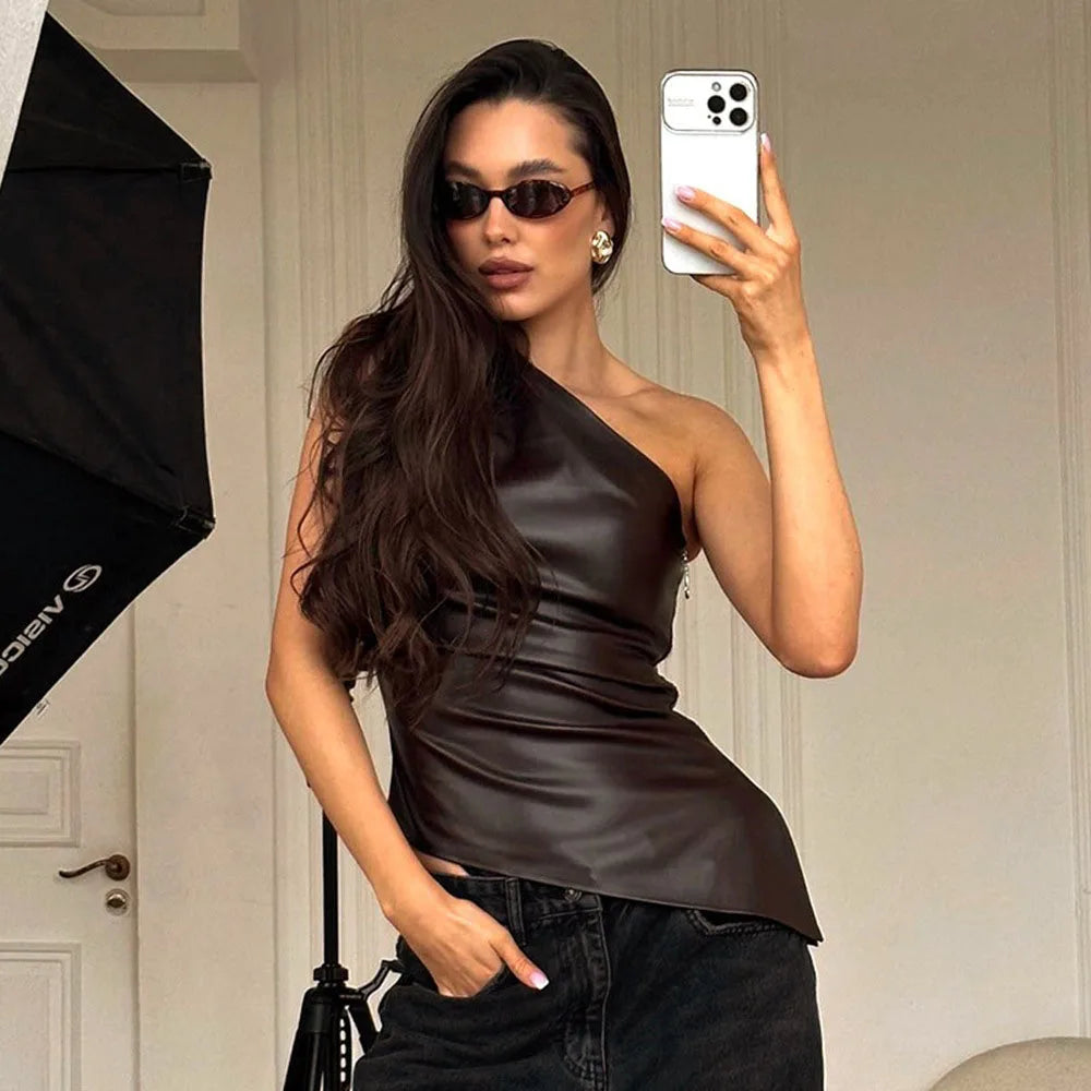 Slim Sleeveless One-Shoulder Zipper Jacket