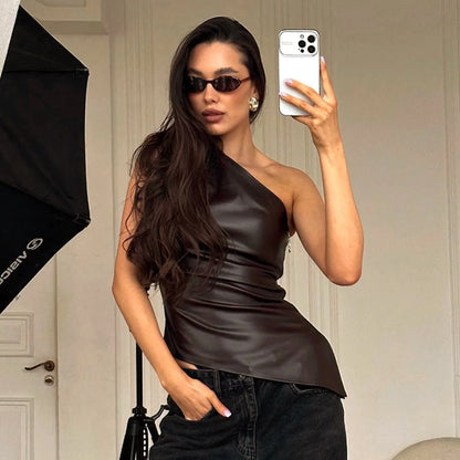 Slim Sleeveless One-Shoulder Zipper Jacket