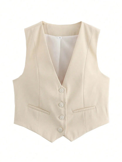 Women'S Solid Suit Vest Sleeveless Cropped Waistcoat