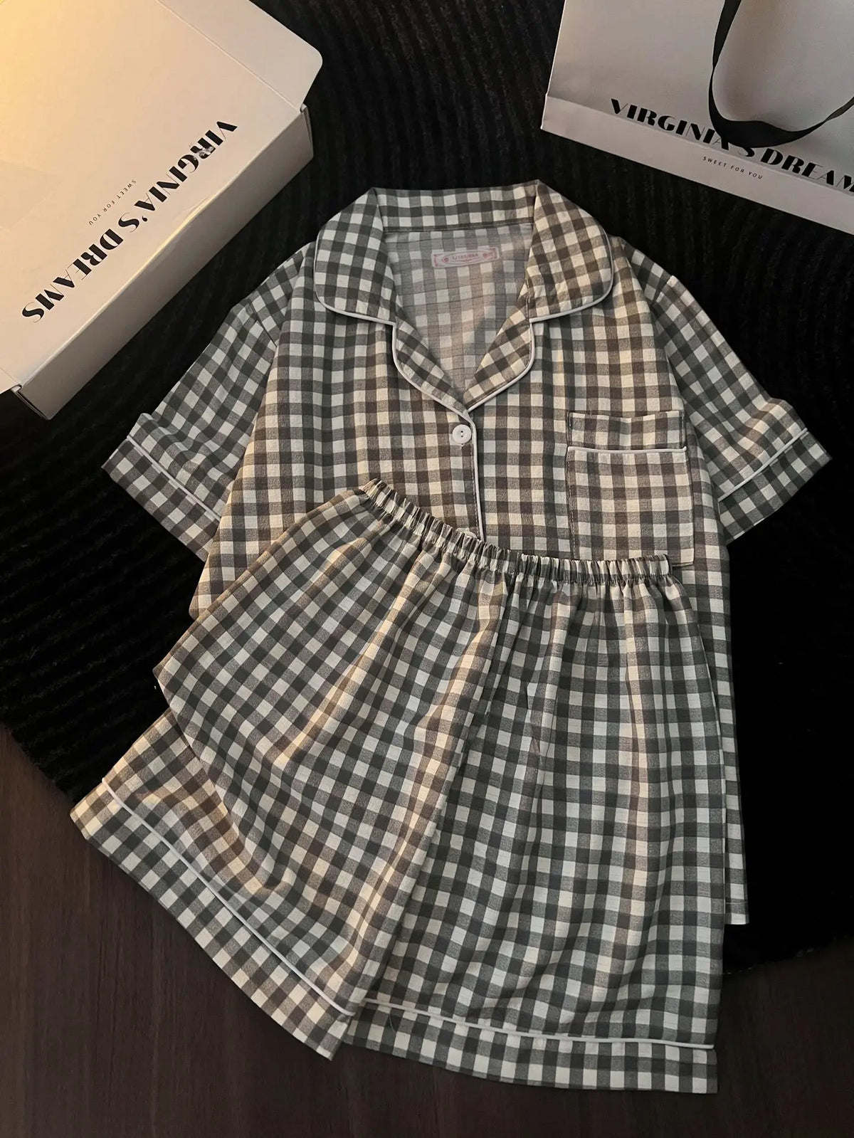 Japanese Minimalist Women's Pink Plaid Pajamas