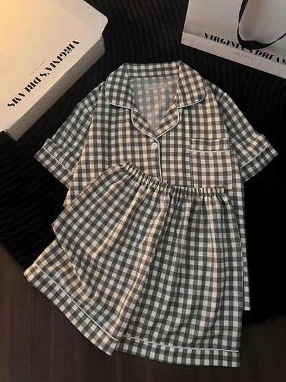 Japanese Minimalist Women's Pink Plaid Pajamas