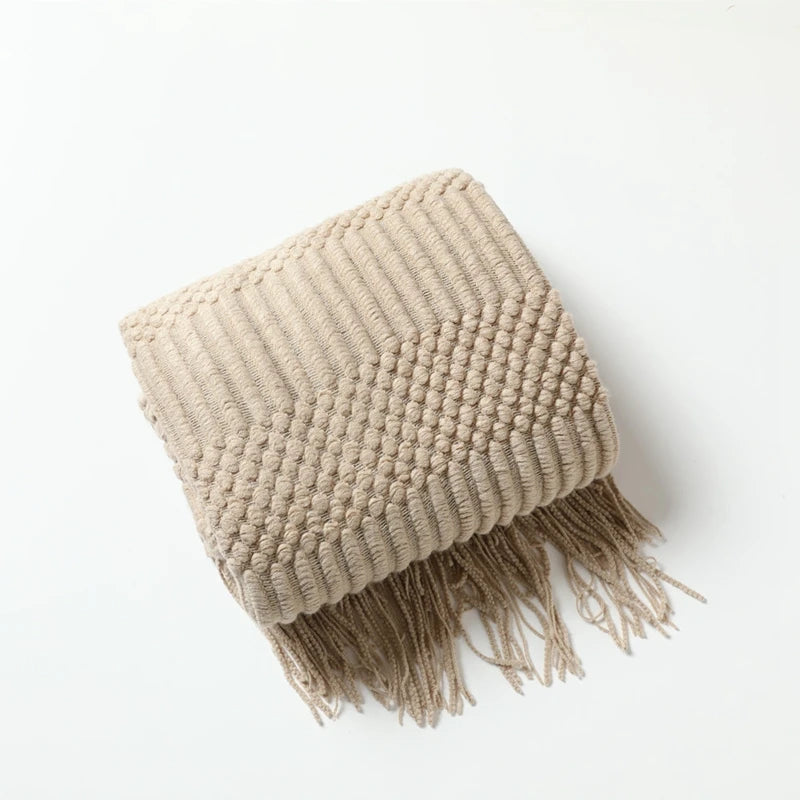 Khaki Knitted Acrylic Blanket with Tassels