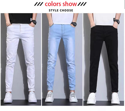 Mens Slim Fit Denim Pencil Pants Black White Stretch Jeans