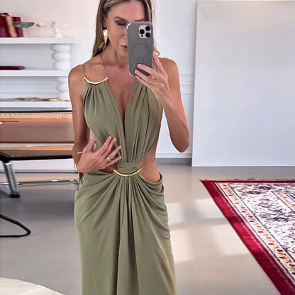 Backless Halter Dress for Women in Solid Polyester