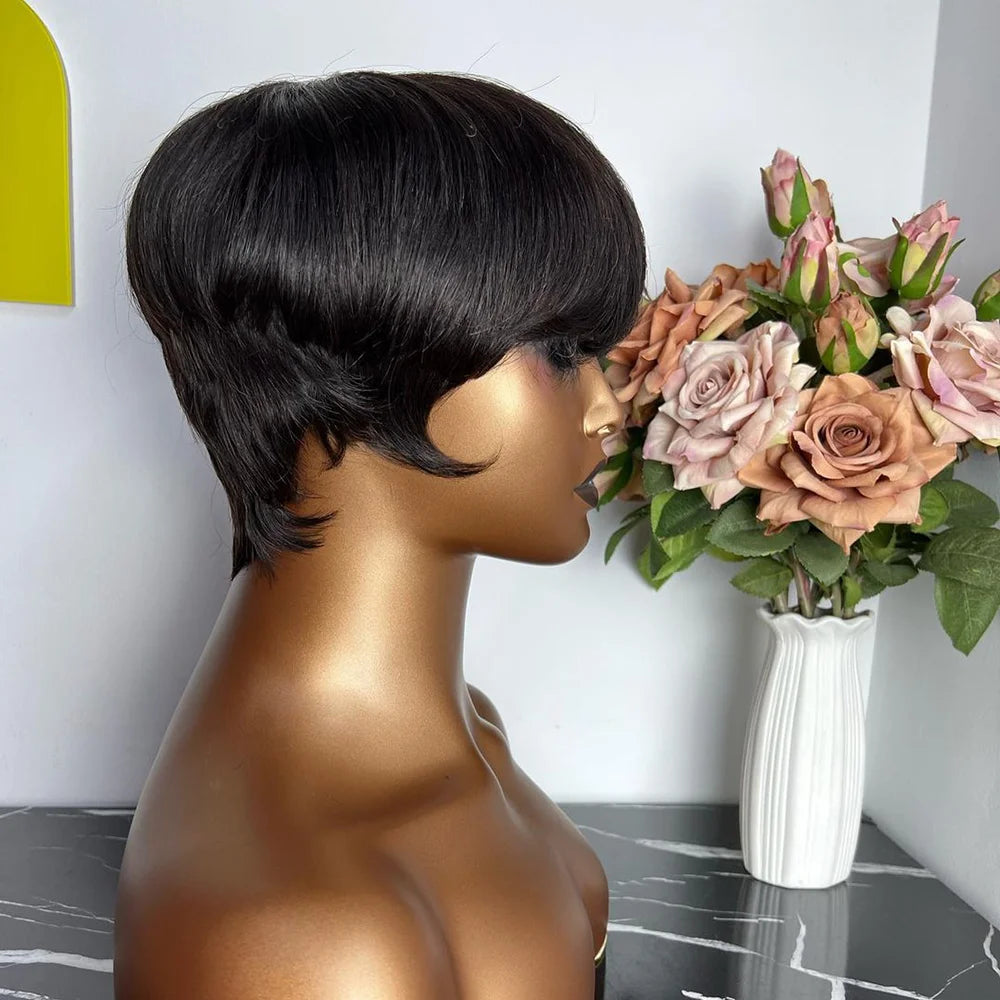 Short Pixie Cut Human Hair Wig with Bangs for Women