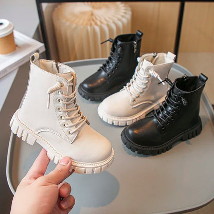 Girls Black Leather Ankle Boots with Thick Sole