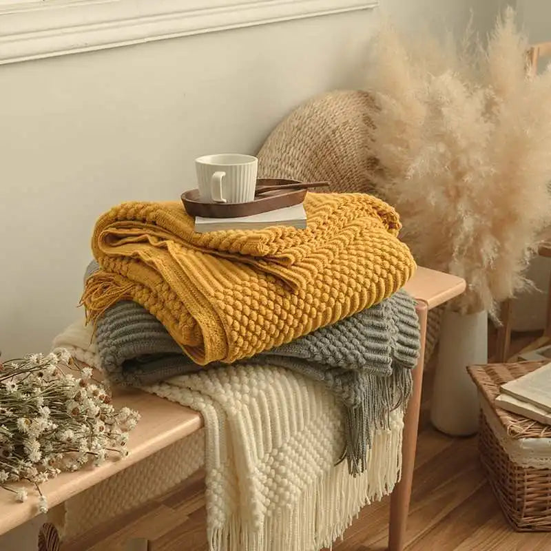 Khaki Knitted Acrylic Blanket with Tassels