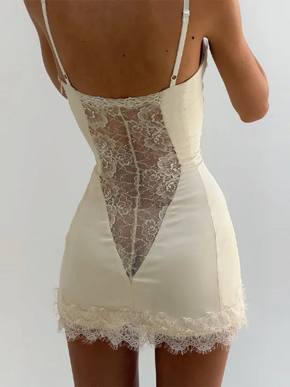 Women White Lace Trim Corset Mini Dress