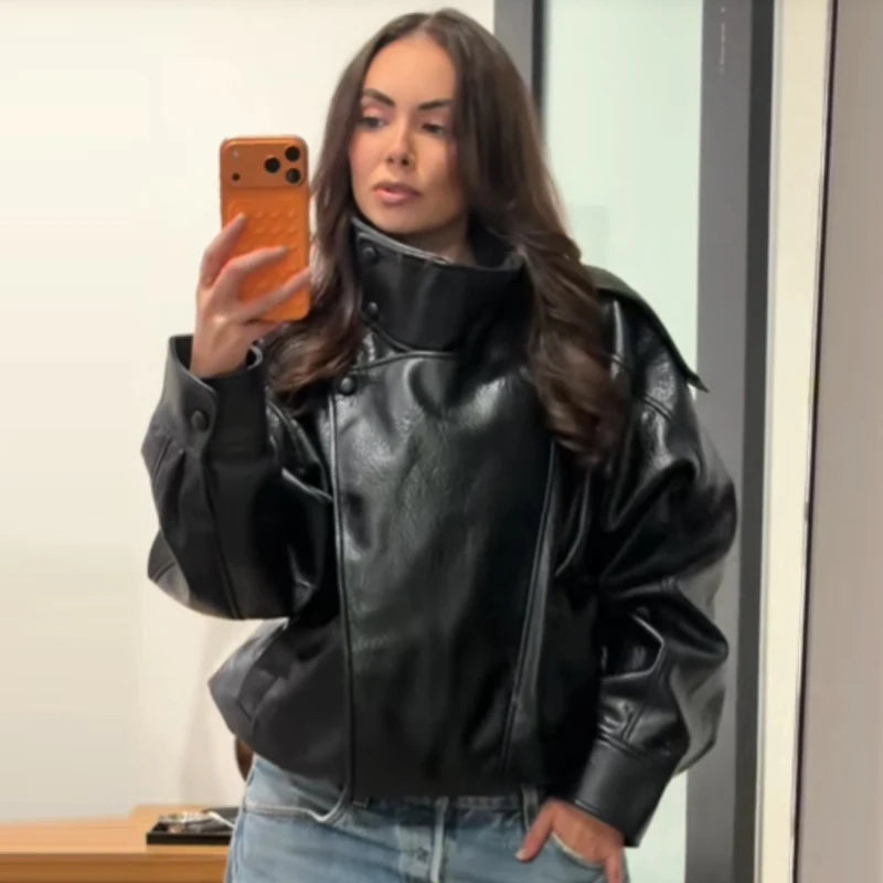 HXAO Black Faux Leather Cropped Bomber Jacket