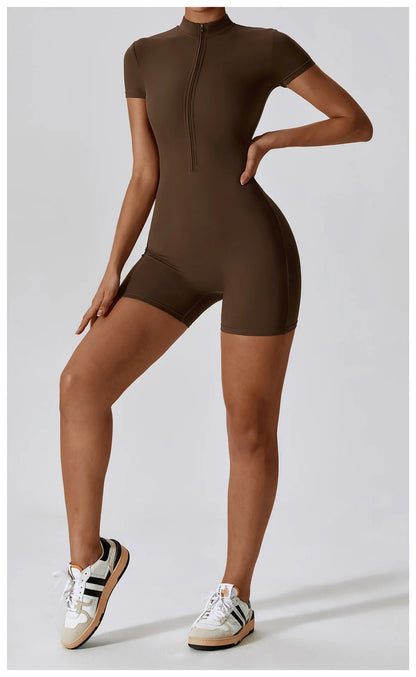 Summer Zipper Short Sleeve Yoga Bodysuit for Women