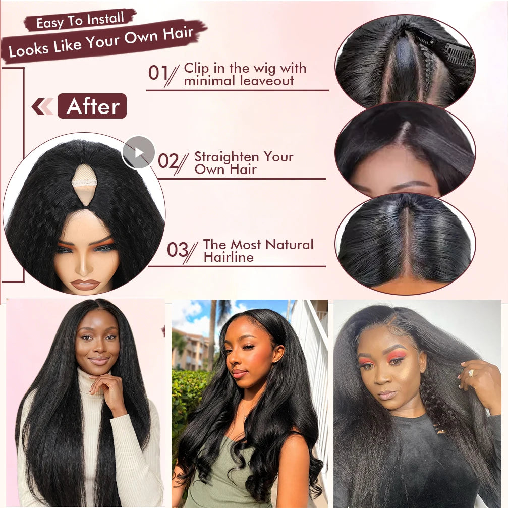 Kinky Straight V Part Wig 220% Density Human Hair