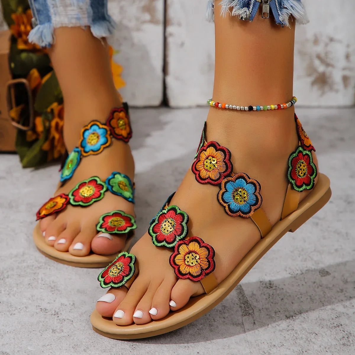 Yellow Faux Flower Embroidered Flat Sandals Size 43