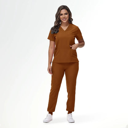Stretchy V-Neck Nurse Scrub Set Jogger Pants