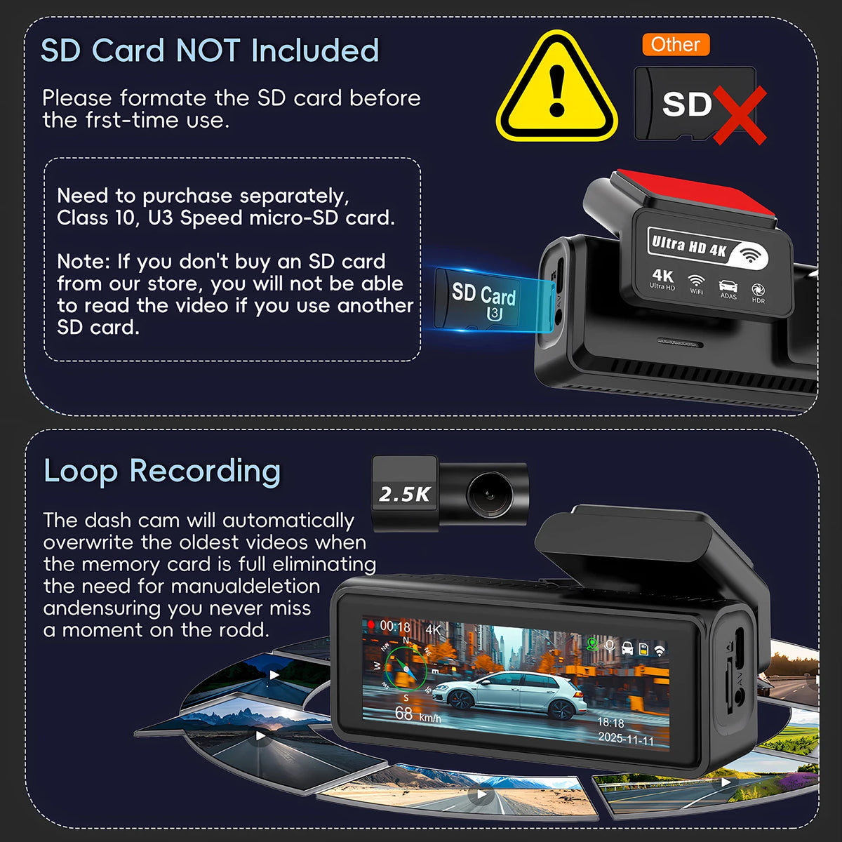 ADAS Dash Cam 4K 2.5K GPS WiFi Night Vision Mini