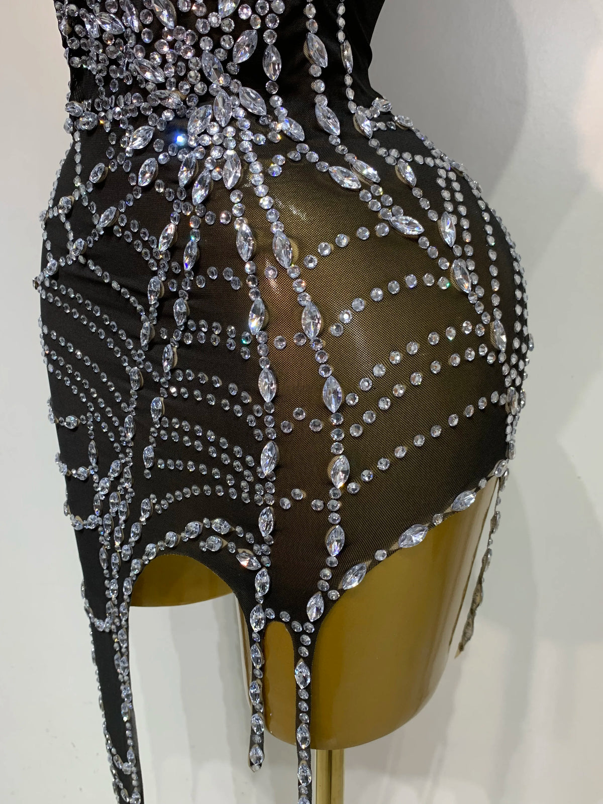 Black Mesh Crystal Diamond Bodycon Dress for Women