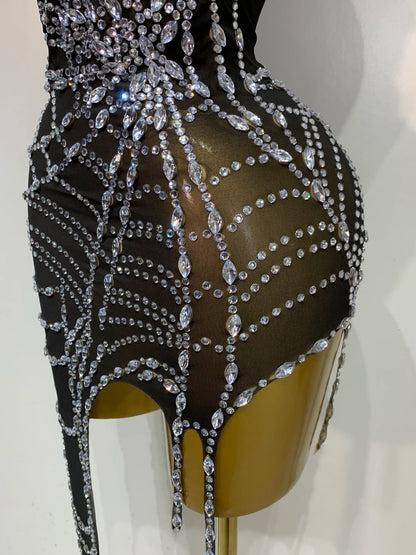 Black Mesh Crystal Diamond Bodycon Dress for Women