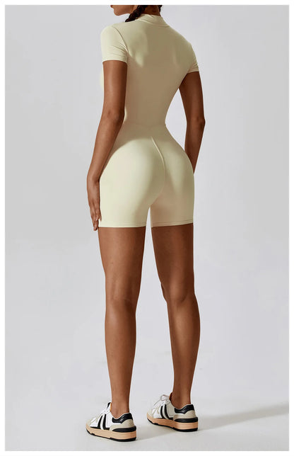 Summer Zipper Short Sleeve Yoga Bodysuit for Women