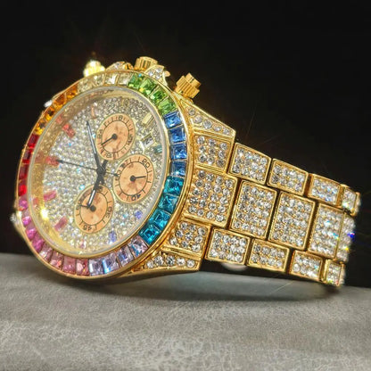 Fashion Gold Quartz Wristwatch for Men with Rainbow Diamonds