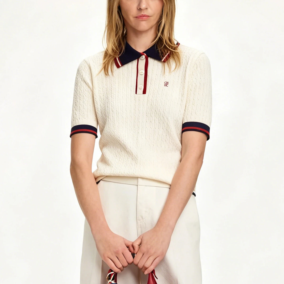 Embroidered Knit Polo Shirt Women Short Sleeve Cotton