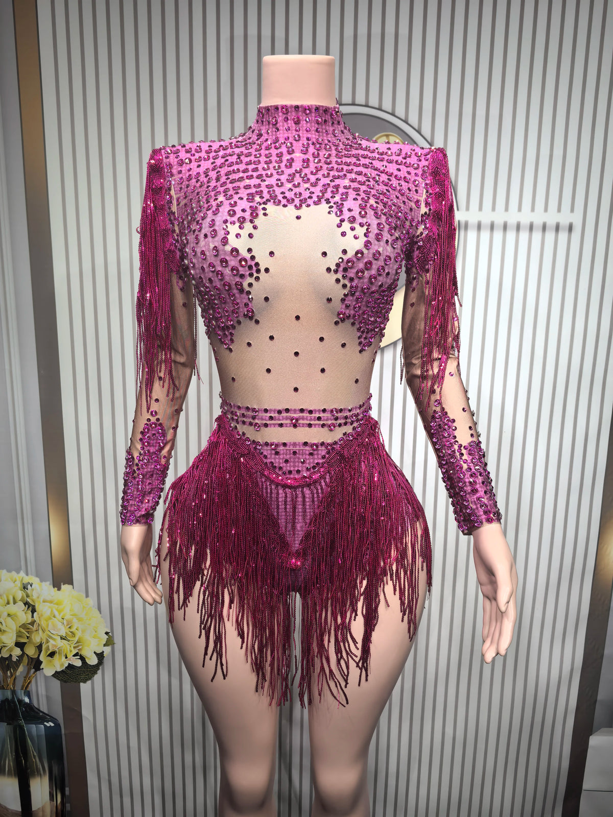 Rhinestone Tassel Elastic Bodysuit for Women