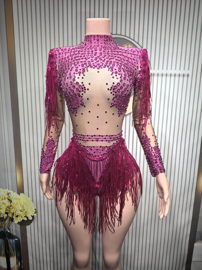 Rhinestone Tassel Elastic Bodysuit for Women