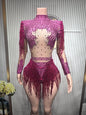 Rhinestone Tassel Elastic Bodysuit for Women