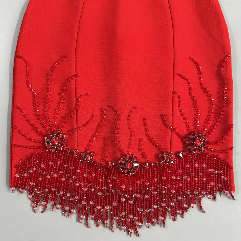 Women Sleeveless Bandage Dress with Beading and Tassels
