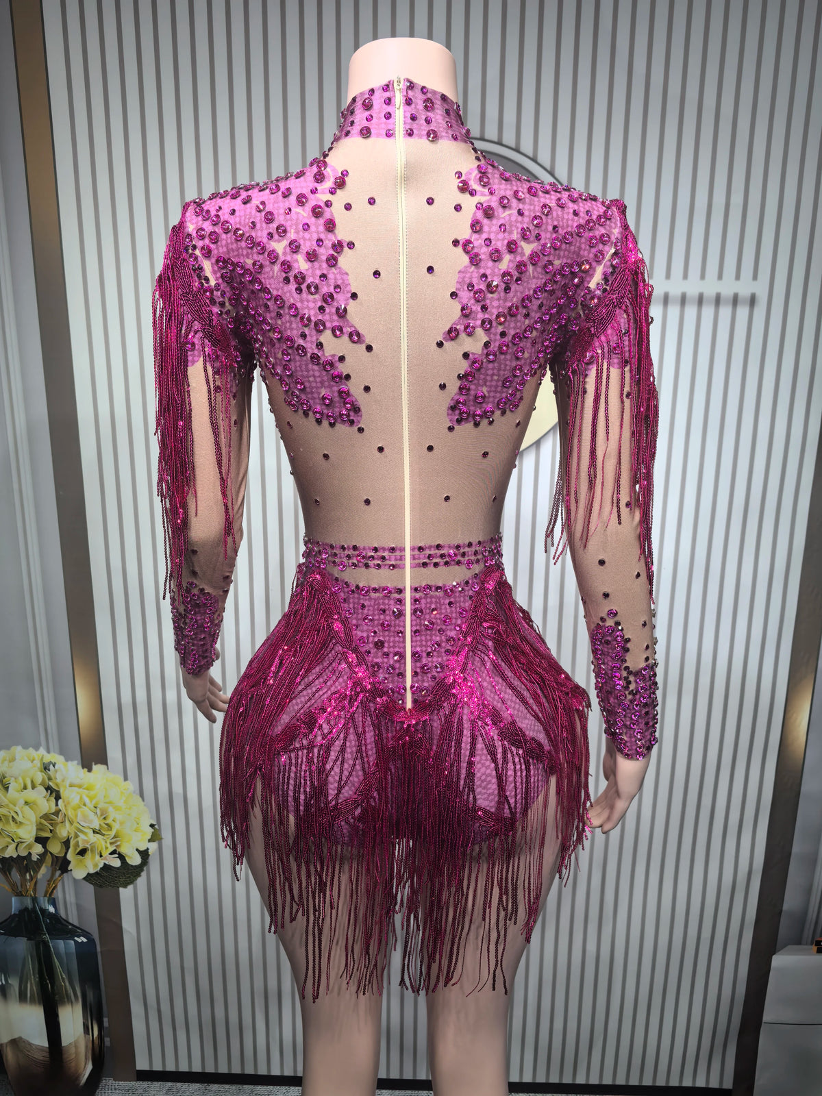 Rhinestone Tassel Elastic Bodysuit for Women