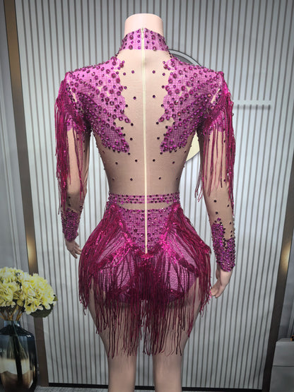 Rhinestone Tassel Elastic Bodysuit for Women