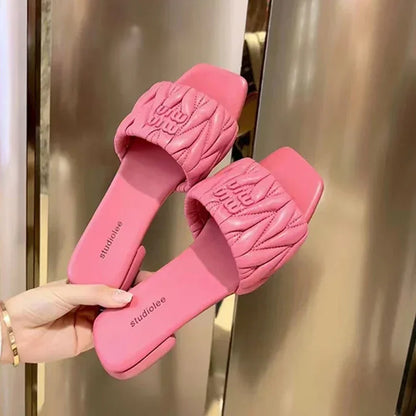 Summer Open Toe Square Toe PU Slippers for Women