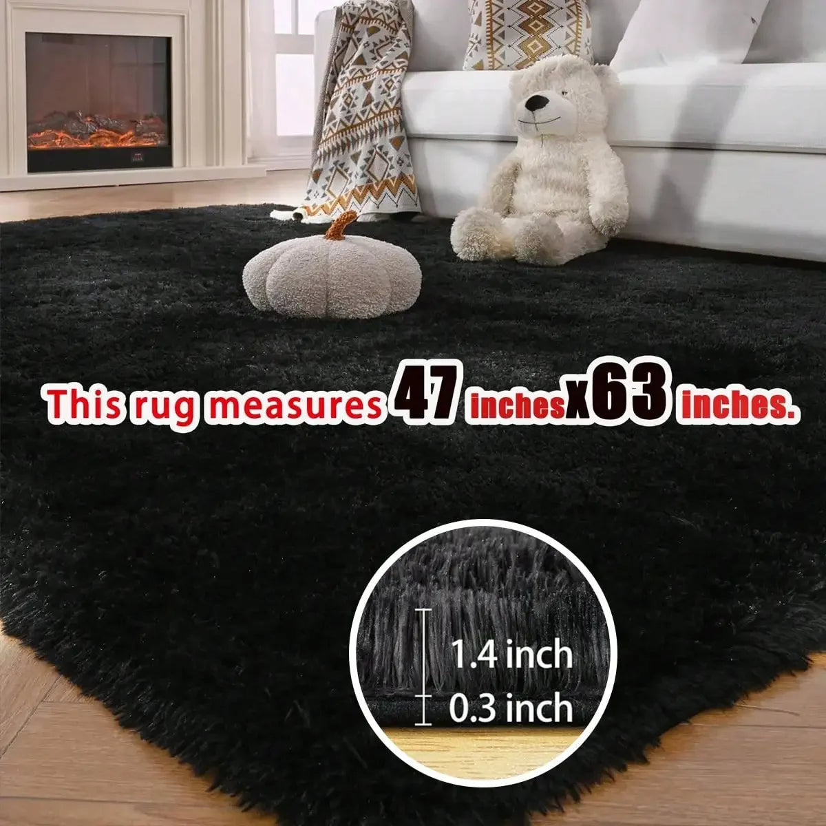 Black Plush Long-Pile Carpet, Soft Non-Slip Rug