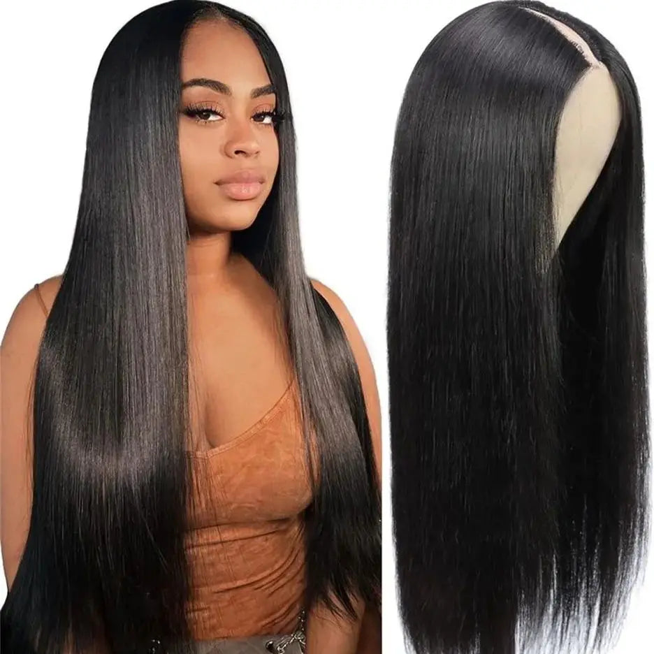 V Part Straight Human Hair Wig Remy Brazilian Natural Color