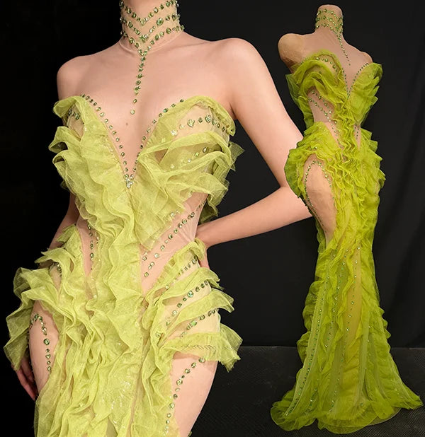 Elegant Green Rhinestones Mesh Maxi Dress