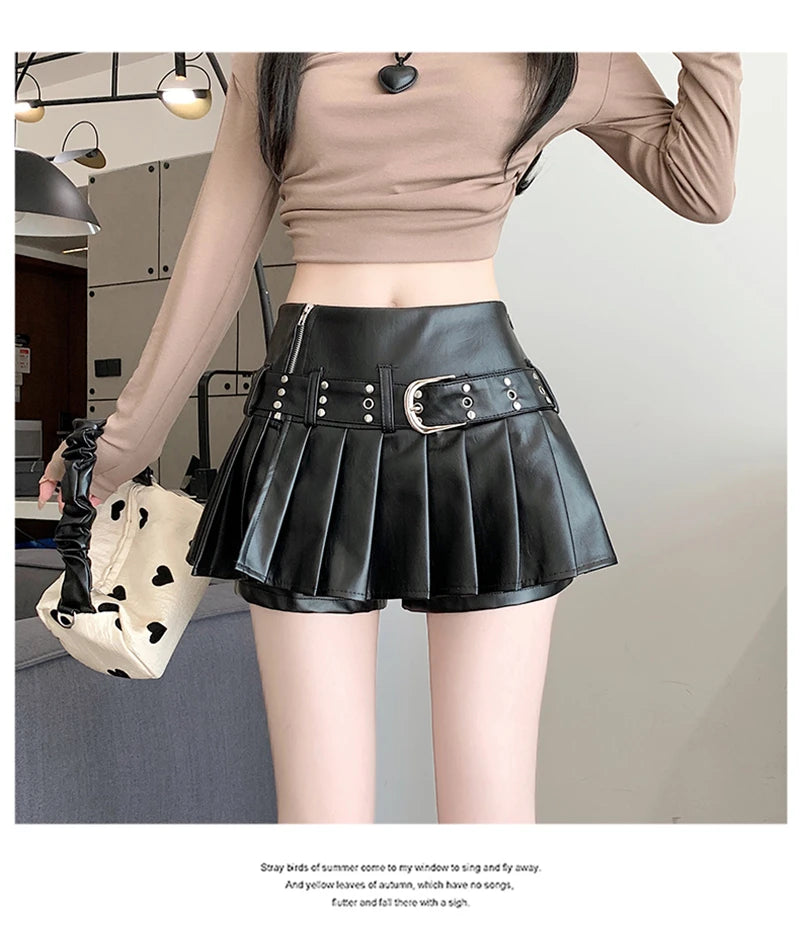 Black Pleated Leather A-line Skirt for Women